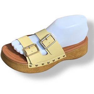 ASOS DESIGN Pale Yellow Flatform Open Toe Clogs Double Buckle Detail Size 7 New